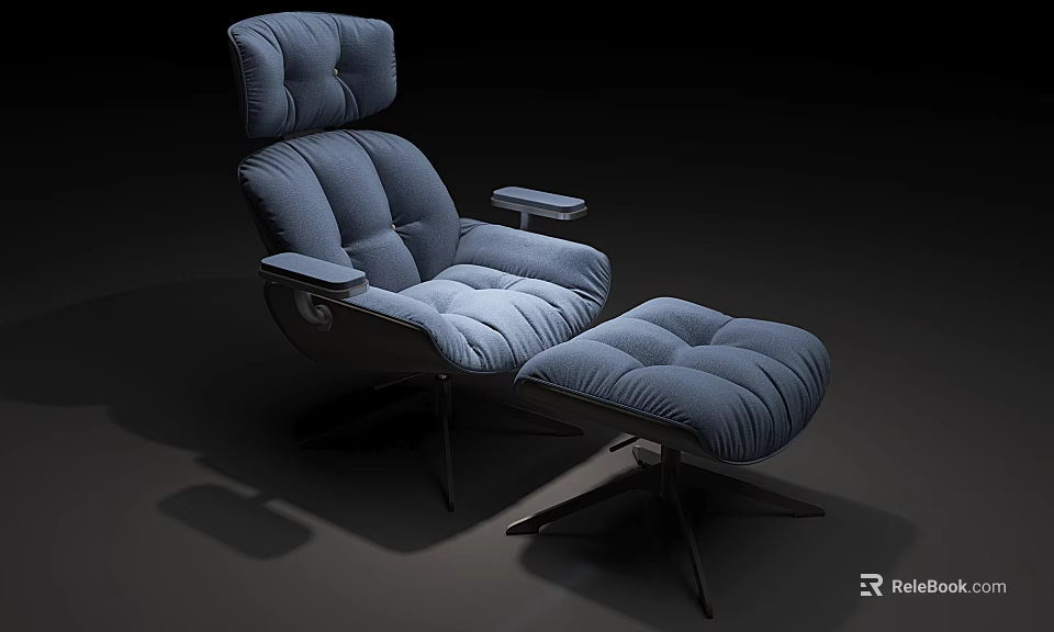 Dark Blue Padded Leisure Chair With Matching Ottoman And Modern Metal Base 3d model 