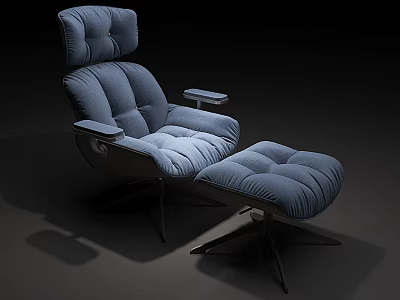 Dark Blue Padded Leisure Chair With Matching Ottoman And Modern Metal Base 3d model