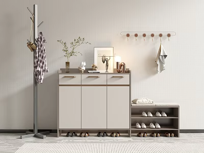 Modern Shoe Cabinet With Drawers Doors Decorative Items And Green Plant By Coat Rack 3d model