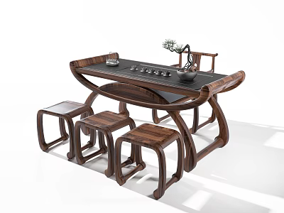 Elegant Solid Wood Tea Table And Chairs With Smooth Surface Tea Set And Decorative Vase 3d model