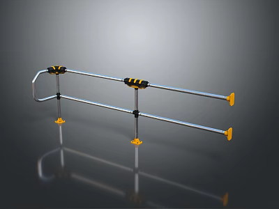 Metal Safety Fence With Silver Horizontal Bars Yellow Bases And Black Yellow Grips 3d model