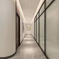 Modern Elevator Hallway Interior With Light Colored Walls Dark Wooden Doors And Recessed Lighting