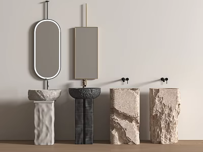 Modern Washbasins with Various Textured Bases Different Materials and Faucets Against Light Wall with Mirrors 3d model