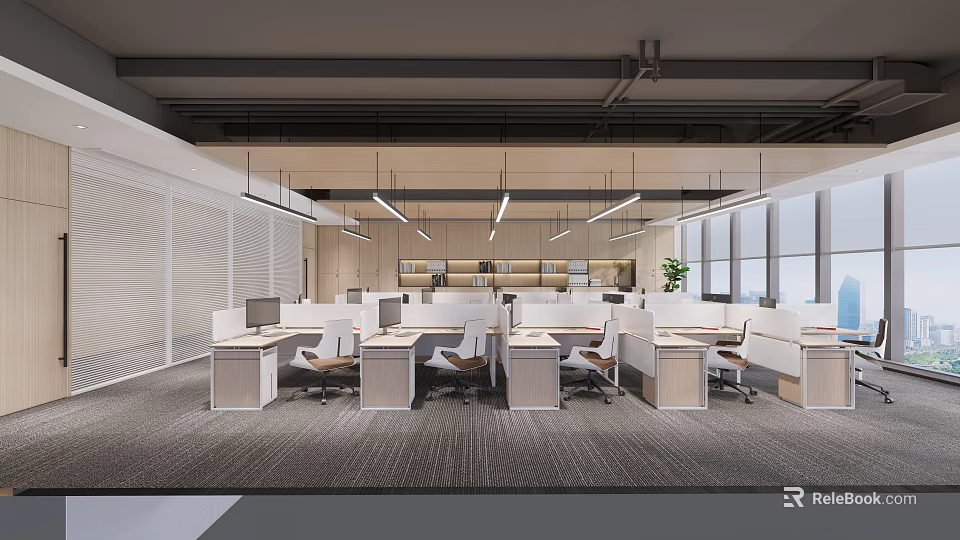 Modern Office Workspace Design With Open Layout Desks Chairs Hanging Lights Windows And Potted Plant 3d model 