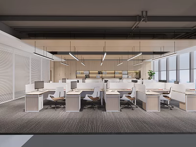 Modern Office Workspace Design With Open Layout Desks Chairs Hanging Lights Windows And Potted Plant 3d model