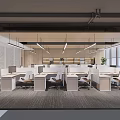 Modern Office Workspace Design With Open Layout Desks Chairs Hanging Lights Windows And Potted Plant