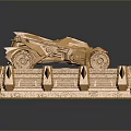 Golden Futuristic Vehicle Model With Detailed Mechanical Design On Display Base