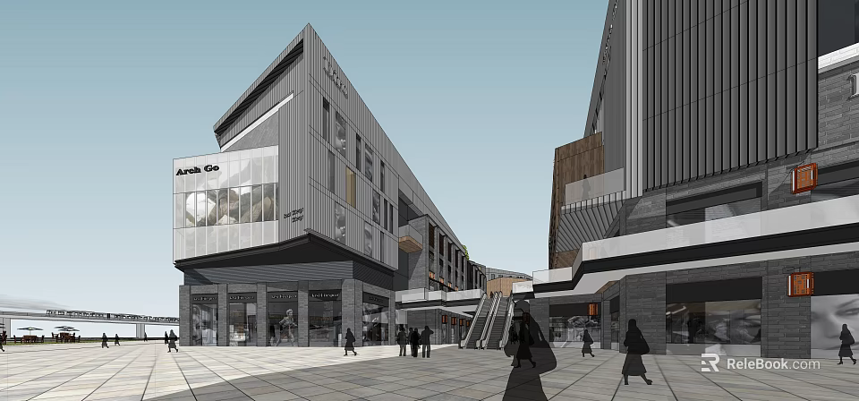 Modern Commercial Complex With Glass Curtain Wall Retail Spaces Pedestrians And Plaza Area 3d model 