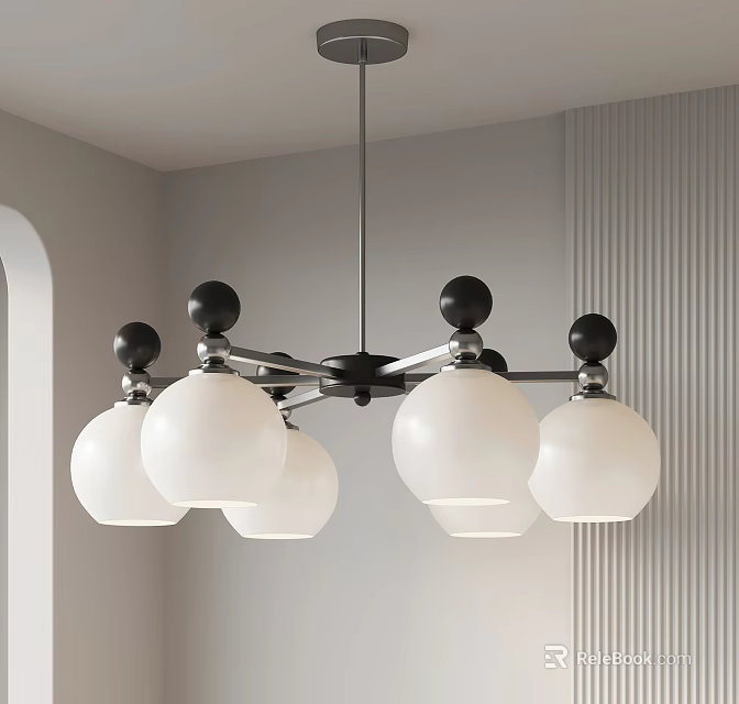 Modern Chandelier with White Globe Shades and Black Spherical Accents for Contemporary Interior Lighting 3d model 