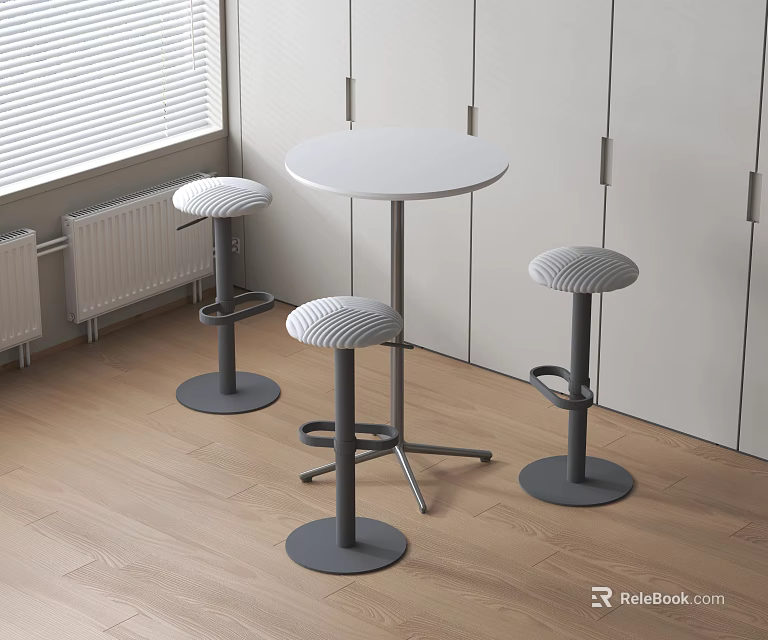 Round White Bar Counter With Striped Stools And Grey Cabinets Wooden Floor And Window Setting 3d model 