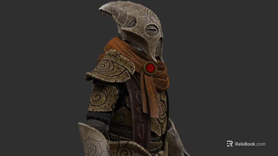 Intricate Sculpture With Pointed Helmet Spiral Shoulder Patterns Brown Scarf And Red Gemstone 3d model 