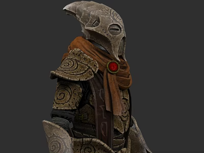 Intricate Sculpture With Pointed Helmet Spiral Shoulder Patterns Brown Scarf And Red Gemstone 3d model