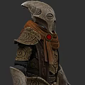 Intricate Sculpture With Pointed Helmet Spiral Shoulder Patterns Brown Scarf And Red Gemstone