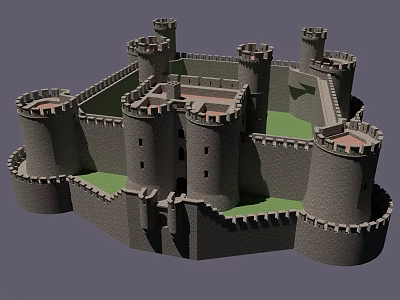 Ancient Medieval Castle with Stone Towers Surrounding Walls and Green Areas 3d model