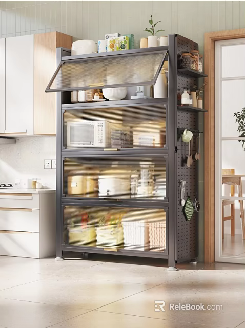 Multi tiered Kitchen Storage Shelf With Glass Doors Microwave Bowls And Containers 3d model 