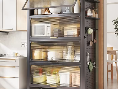 Multi tiered Kitchen Storage Shelf With Glass Doors Microwave Bowls And Containers 3d model