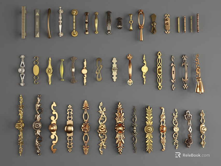 Assorted Metal Cabinet And Drawer Handles With Vintage Modern And Decorative Designs 3d model 
