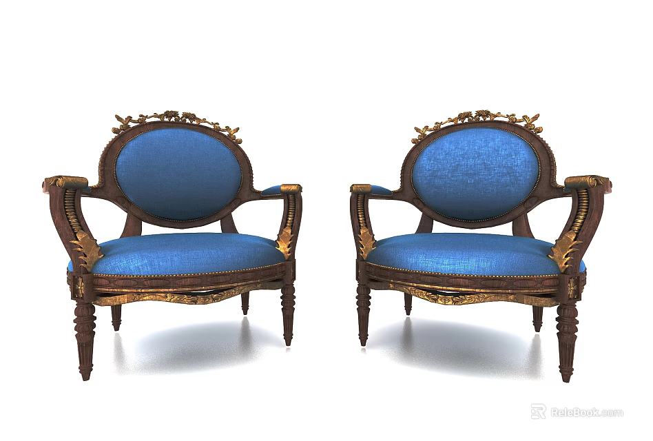 Classic Ornate Single Sofa With Blue Fabric Wooden Frame And Gold Accents 3d model 