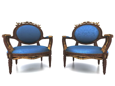 Classic Ornate Single Sofa With Blue Fabric Wooden Frame And Gold Accents 3d model