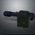 Rusted Blue Pipe With Red Valve Green Square Box With Wheels On Gray Base