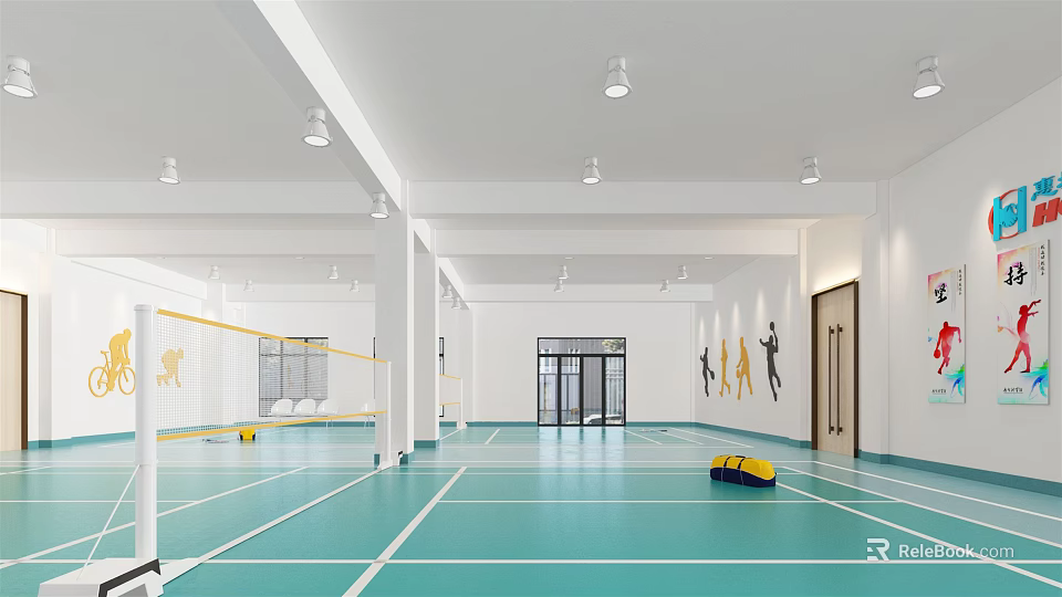 Indoor Badminton Court With Green Floor White Lines And Sports Silhouettes On Walls 3d model