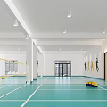 Indoor Badminton Court With Green Floor White Lines And Sports Silhouettes On Walls 3d model