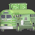Green Vintage Bus With Illuminated Neon Sign Displaying GREAT MEAT On Top