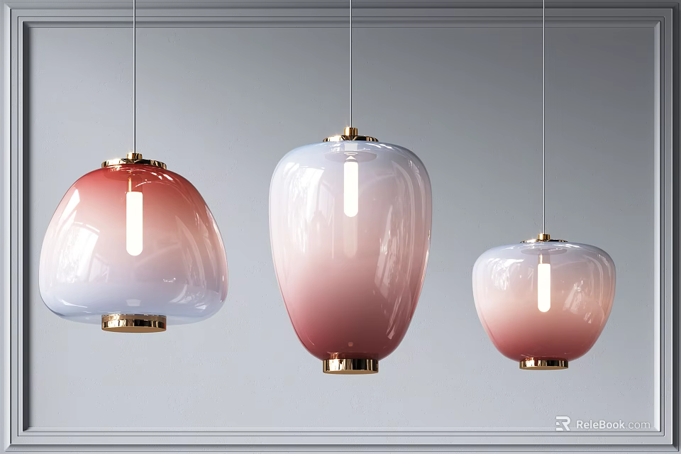 Three Modern Elegant Pendant Lights With Pink White Gradient Glass Lampshades And Gold Base 3d model 