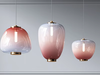 Three Modern Elegant Pendant Lights With Pink White Gradient Glass Lampshades And Gold Base 3d model