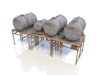 Large And Small Industrial Metal Storage Tanks Placed On Rustic Metal Stands 3d model
