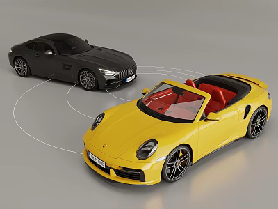 Luxury Sports Cars Showcasing Yellow Convertible With Red Interior And Black Coupe Design 3d model