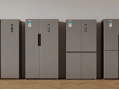 Row of Sleek Gray Refrigerators Arranged Against Wall On Wooden Floor 3d model