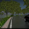 Serene Garden Landscape With Lakeside Road Green Trees Flower Plants And Car