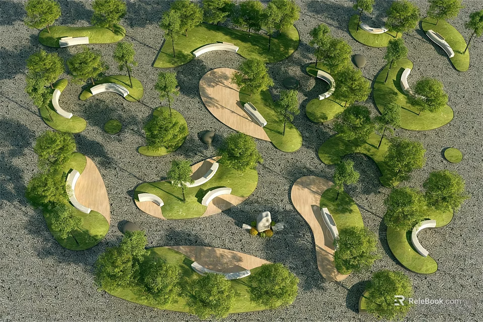 Tree Pit Landscape Design Featuring Irregular Shapes Lush Trees And Pathways 3d model 