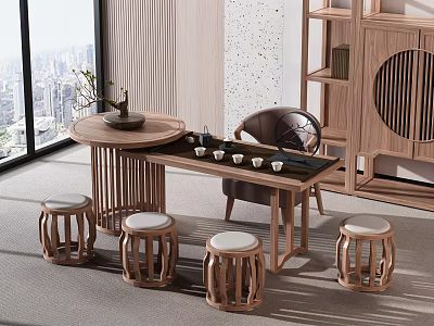 Wooden Tea Table and Chairs with Tea Set Stools by Window and City View 3d model