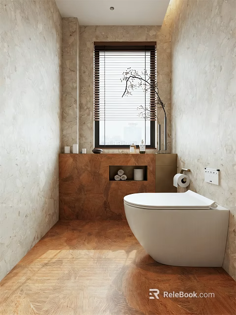 Stone Wall Bathroom With Wooden Countertop Window Blinds Modern Toilet And Decorative Vase 3d model 