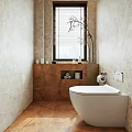 Stone Wall Bathroom With Wooden Countertop Window Blinds Modern Toilet And Decorative Vase