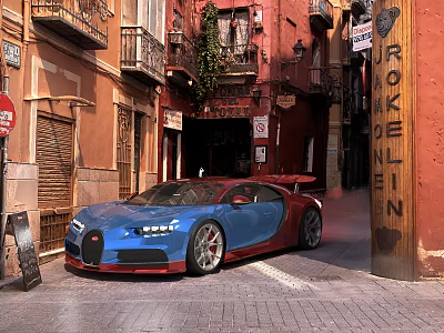 Blue Bugatti Parked In Narrow Street With Old Buildings And Signs 3d model