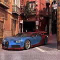 Blue Bugatti Parked In Narrow Street With Old Buildings And Signs