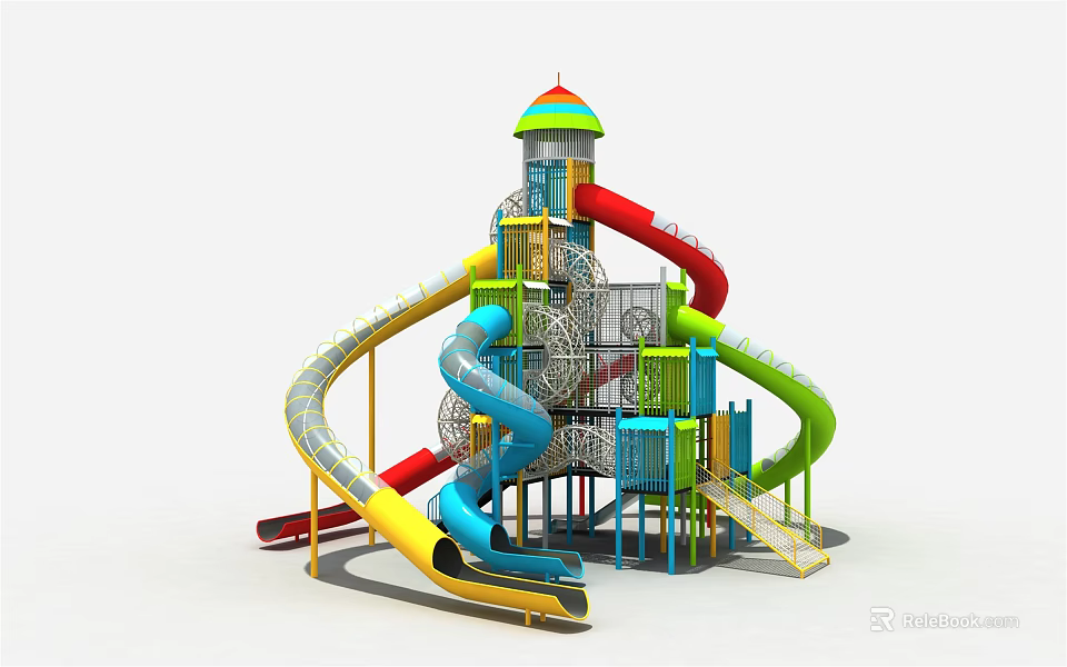 Vibrant Playground Equipment With Multiple Slides Dome Top Tower And Climbing Elements 3d model