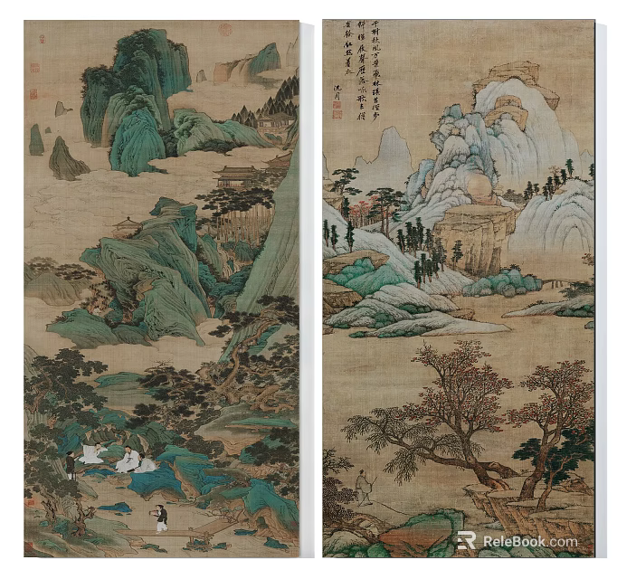 Traditional Chinese Landscape Painting With Green Mountains Flowing Rivers Ancient Trees And Human Figures 3d model 