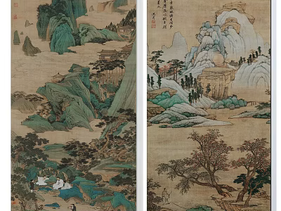 Traditional Chinese Landscape Painting With Green Mountains Flowing Rivers Ancient Trees And Human Figures 3d model