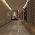 Luxurious SPA Sauna Corridor With Gray Marble Walls Red Maple Tree And Modern Lantern Decor