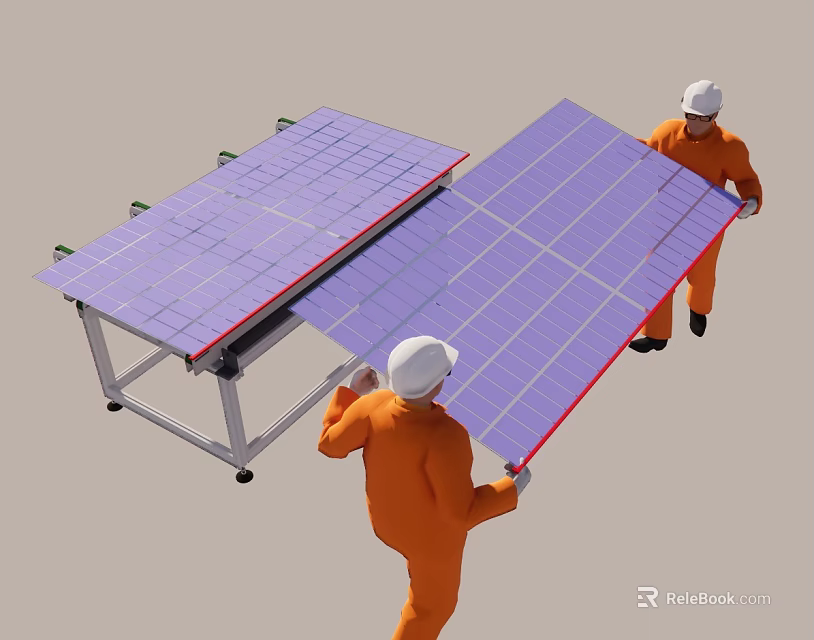 Workers In Orange Workwear And White Helmets Installing Solar Panels 3d model 