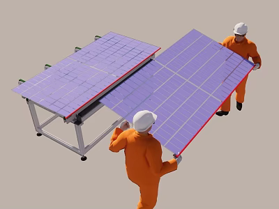 Workers In Orange Workwear And White Helmets Installing Solar Panels 3d model