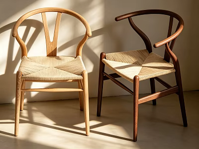 Scandinavian Style Armchairs With Light And Dark Wooden Frames And Woven Seats In Sunlit Room 3d model