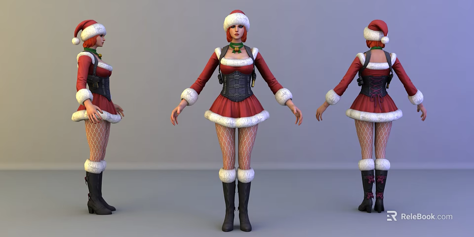 Christmas Character In Santa Hat Red White Christmas Outfit Fishnet Stockings Black Boots Three Views 3d model 