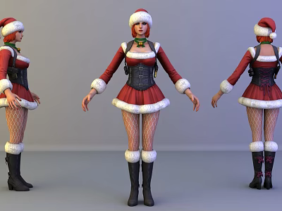 Christmas Character In Santa Hat Red White Christmas Outfit Fishnet Stockings Black Boots Three Views 3d model