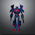 Blue Red Transformer Style Robot With Glowing Parts Holding Weapon In Standing Pose