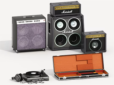 Marshall Audio Speakers In Various Sizes With Record Player And Case 3d model